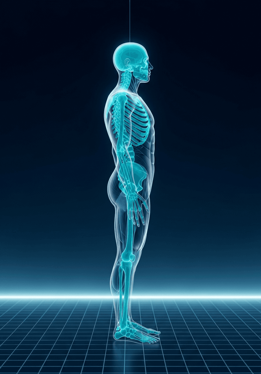 Translucent holographic body scan in profile with glowing cyan skeletal structure in a dark clinical space