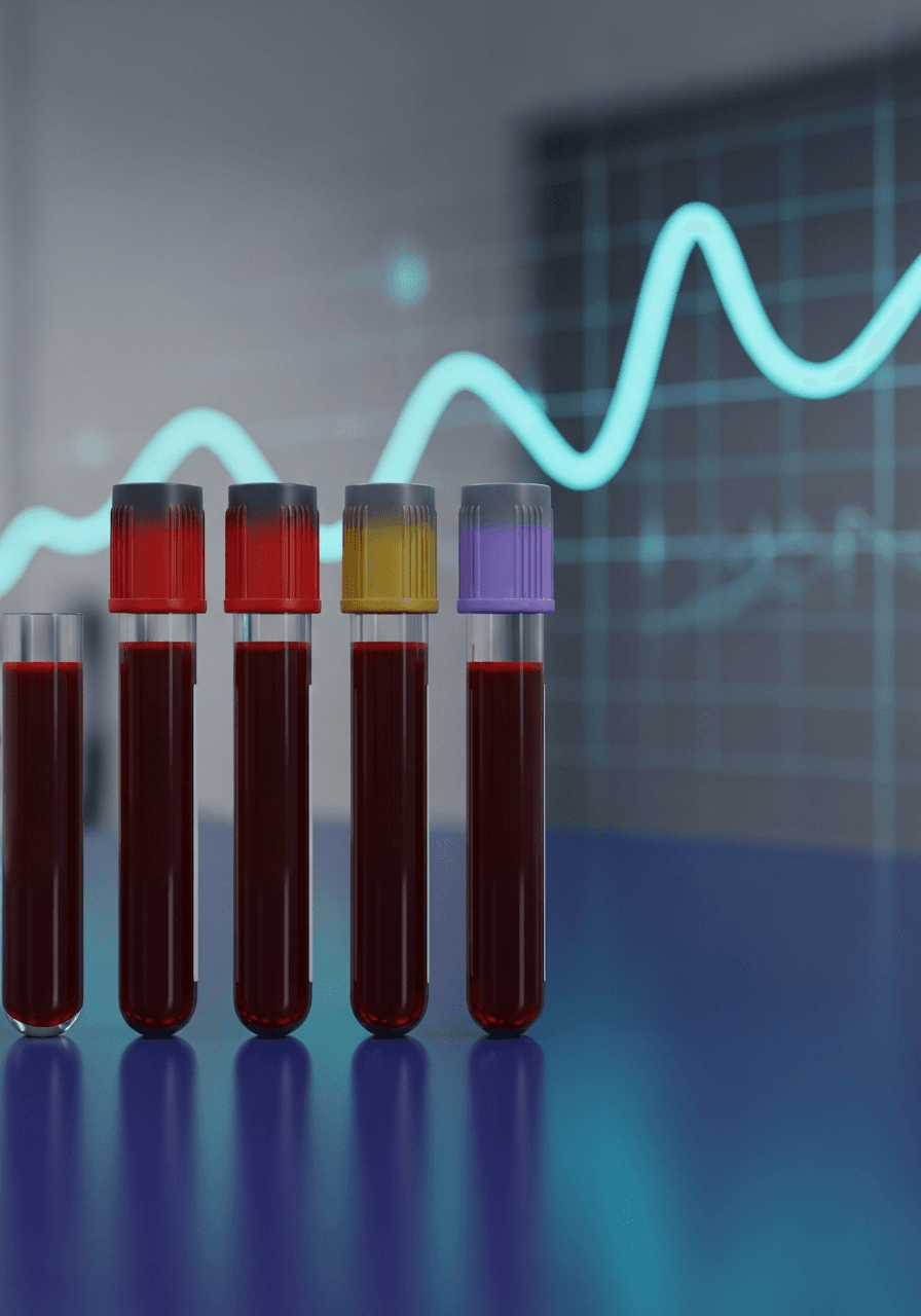 A row of medical blood collection tubes filled with deep-red blood on a dark navy clinical bench, with a faint cyan analytic curve in the blurred background