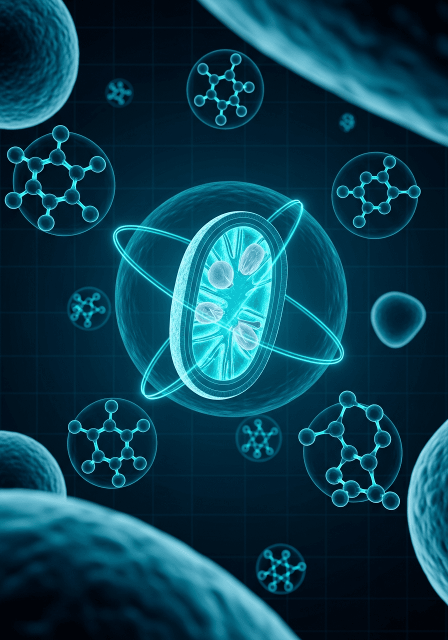 Glowing cyan mitochondrion cross-section surrounded by molecular structures and NAD halos in deep navy cellular space